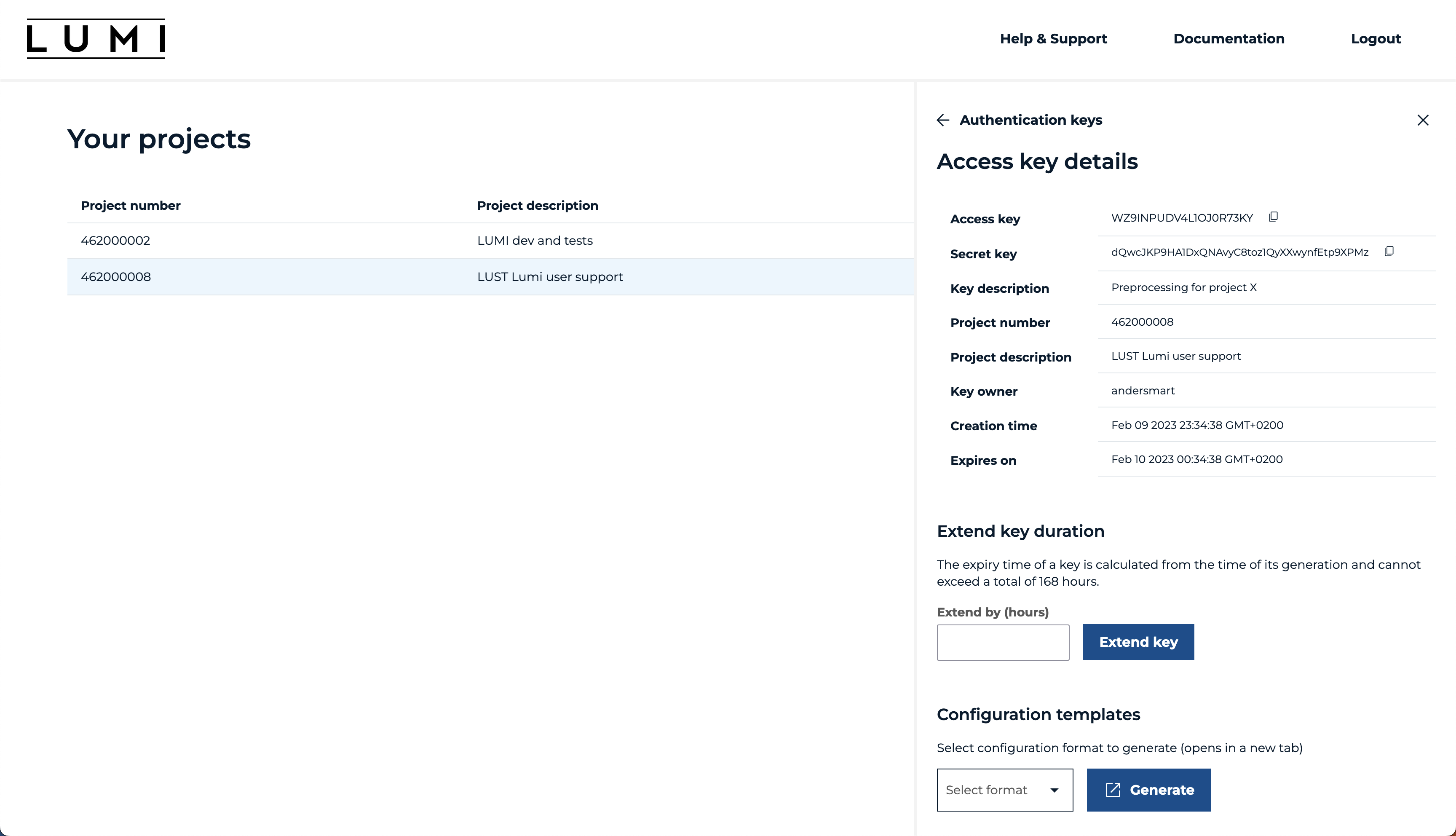 Screenshot of auth.lumidata.eu access key details
