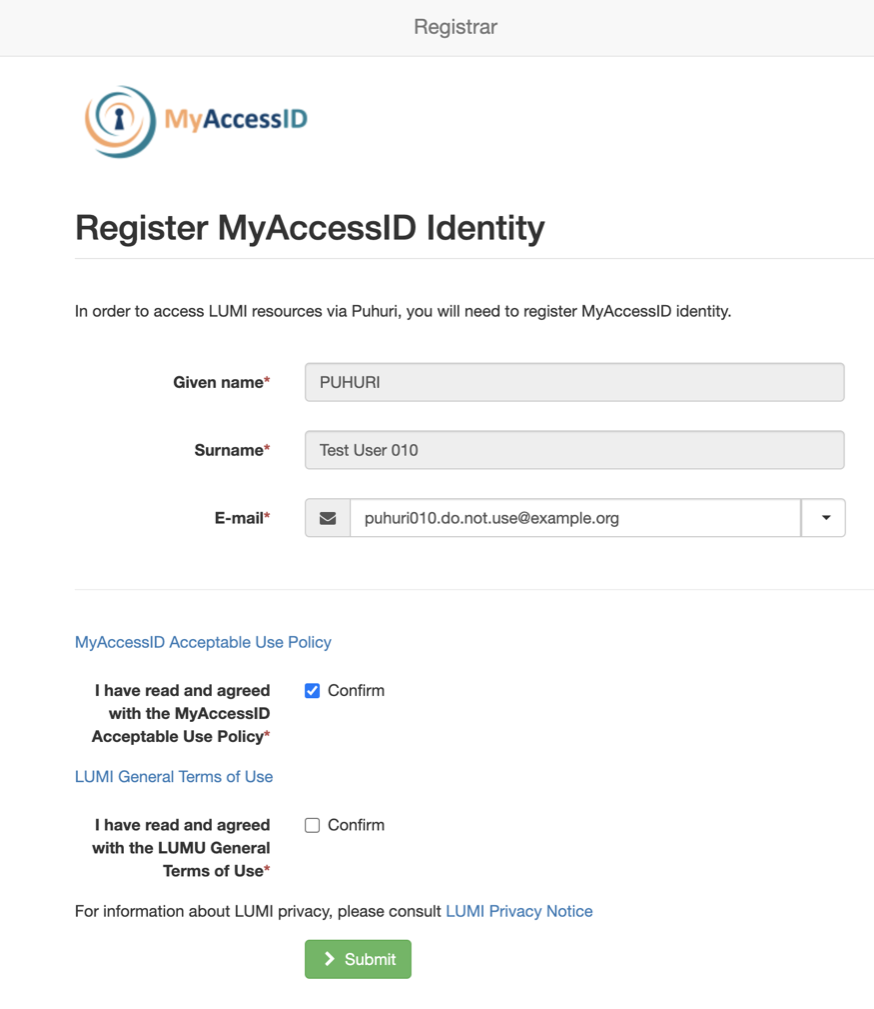 Screenshot of registration portal