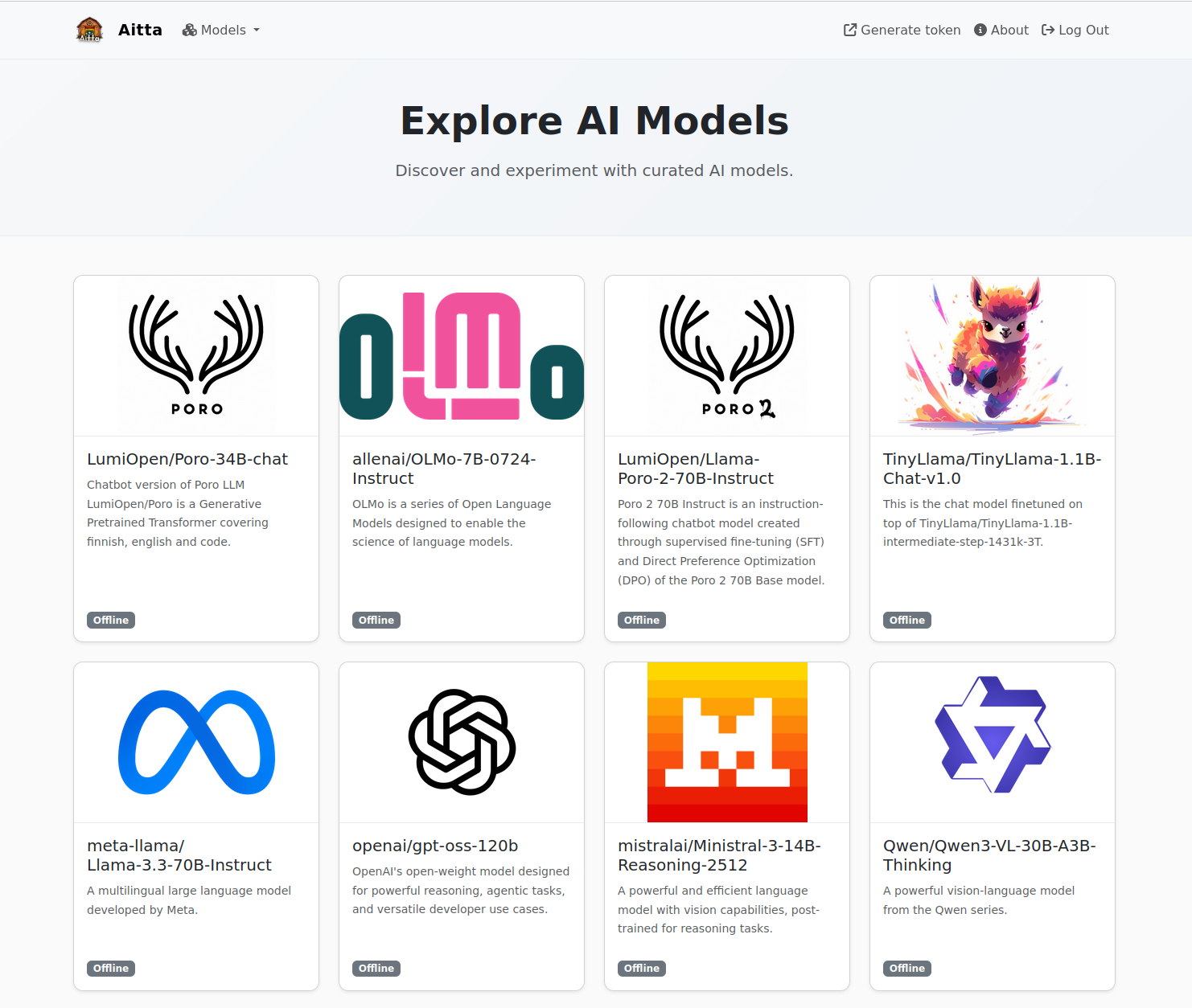 The Aitta model page displays the available model names and icons in a tiled view.