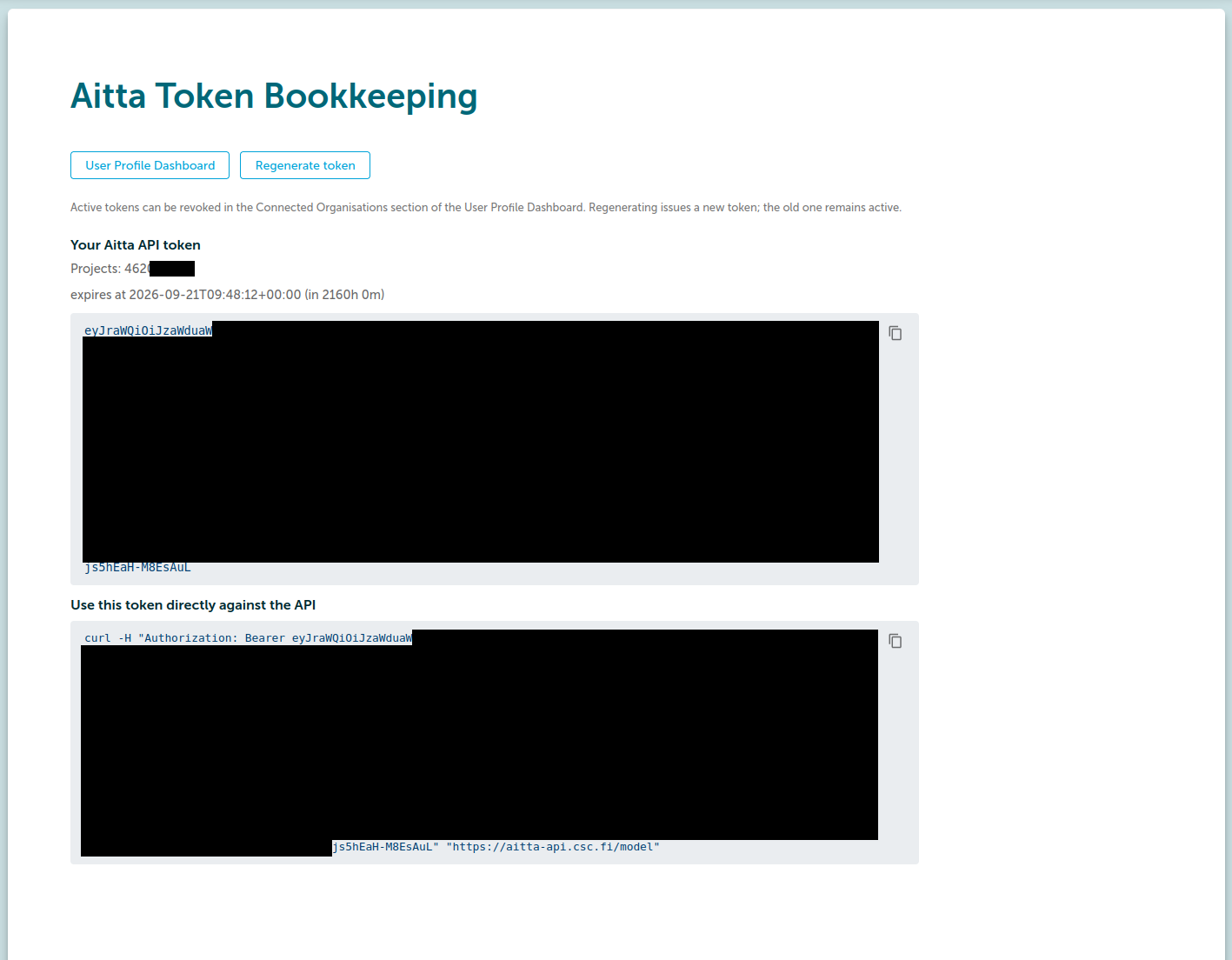 The access token is displayed after selecting the LUMI project.