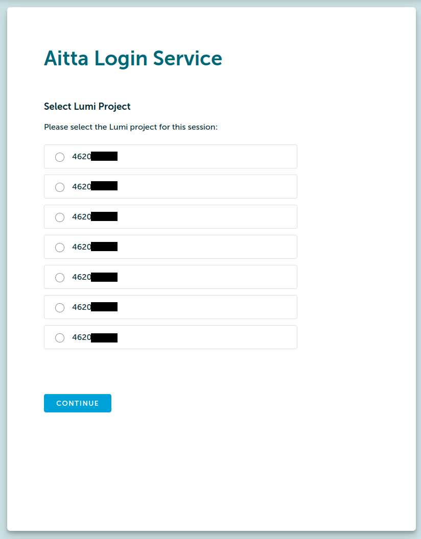 The Aitta token website displays a list of LUMI projects the user is a member of and asks the user to select one of them.